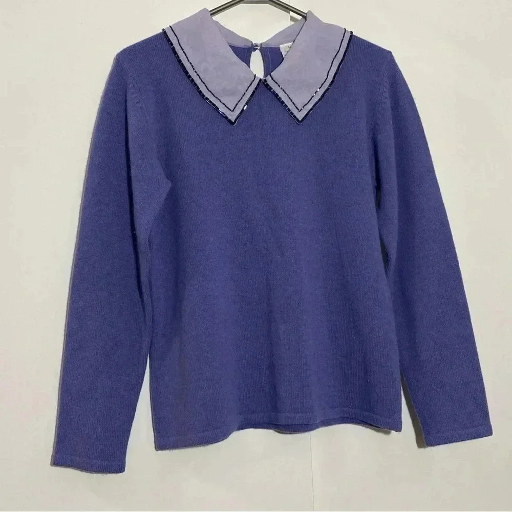 Vintage women blue-violet preppy wool pullover long  sleeves knit casual sweater